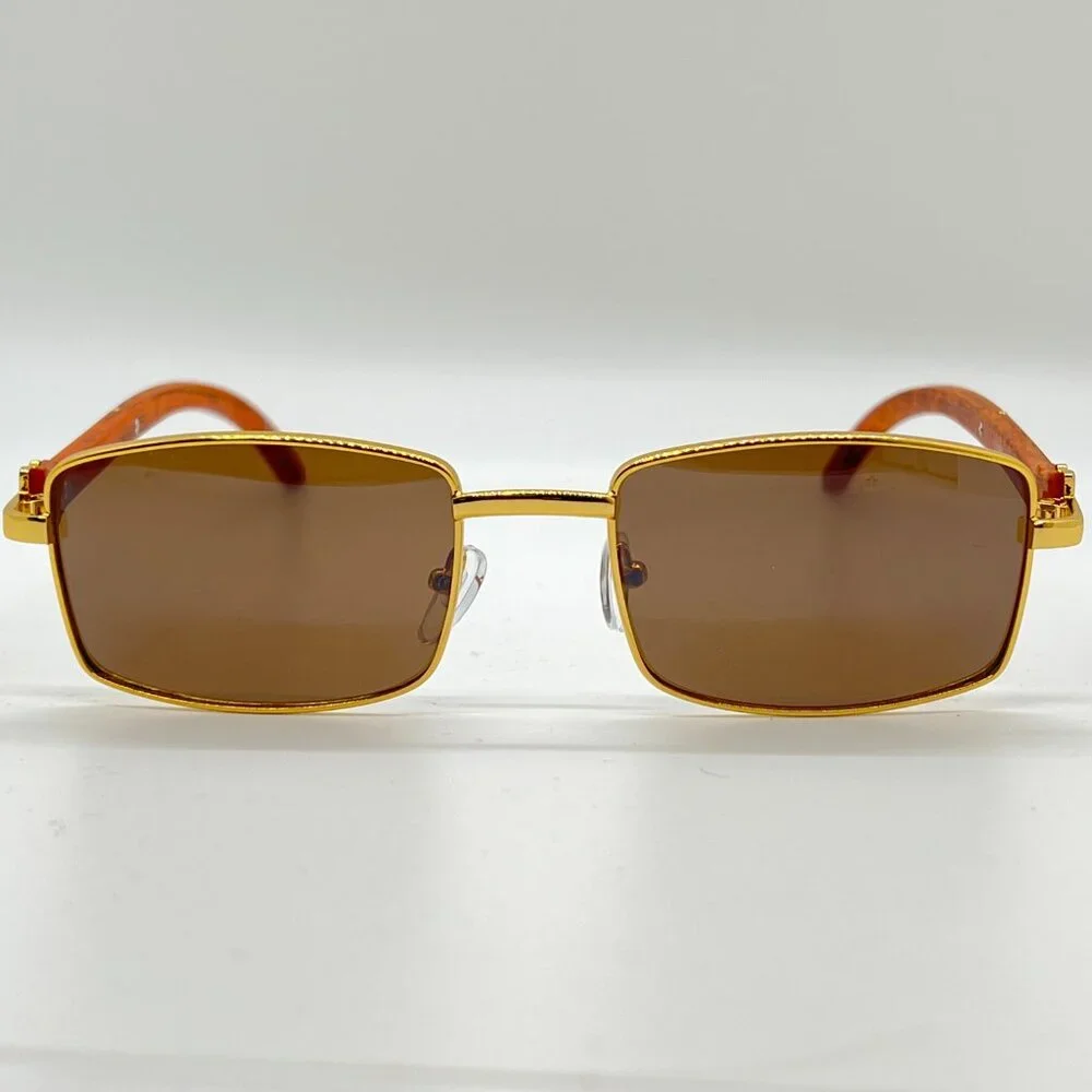 Men Sunglasses Brown Lens Square Retro Classic Trendy‎ Retro Shades Gold Metal